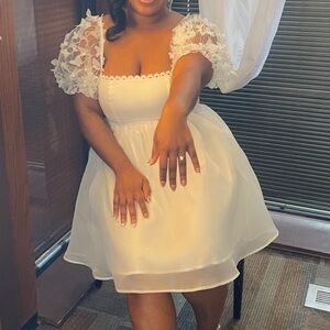 White Puff-Sleeve Chiffon Mini Dress
